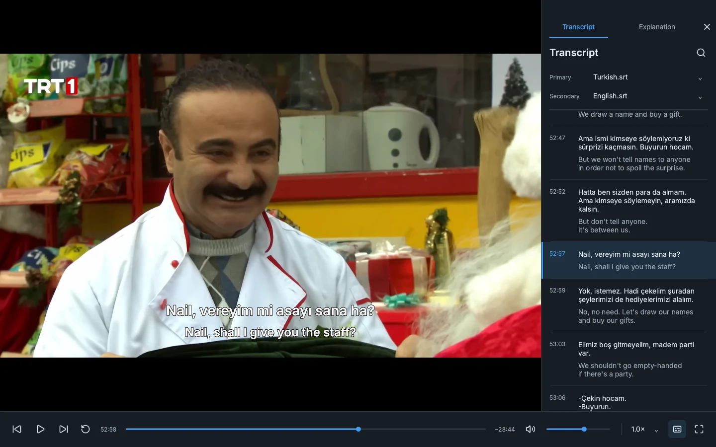 Neden playing Leyla ile Mecnun with Turkish and English subtitles and the searchable transcript open.