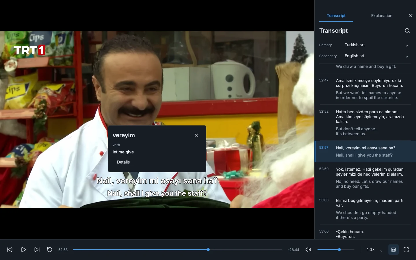 A contextual word definition shown over the scene in Neden.